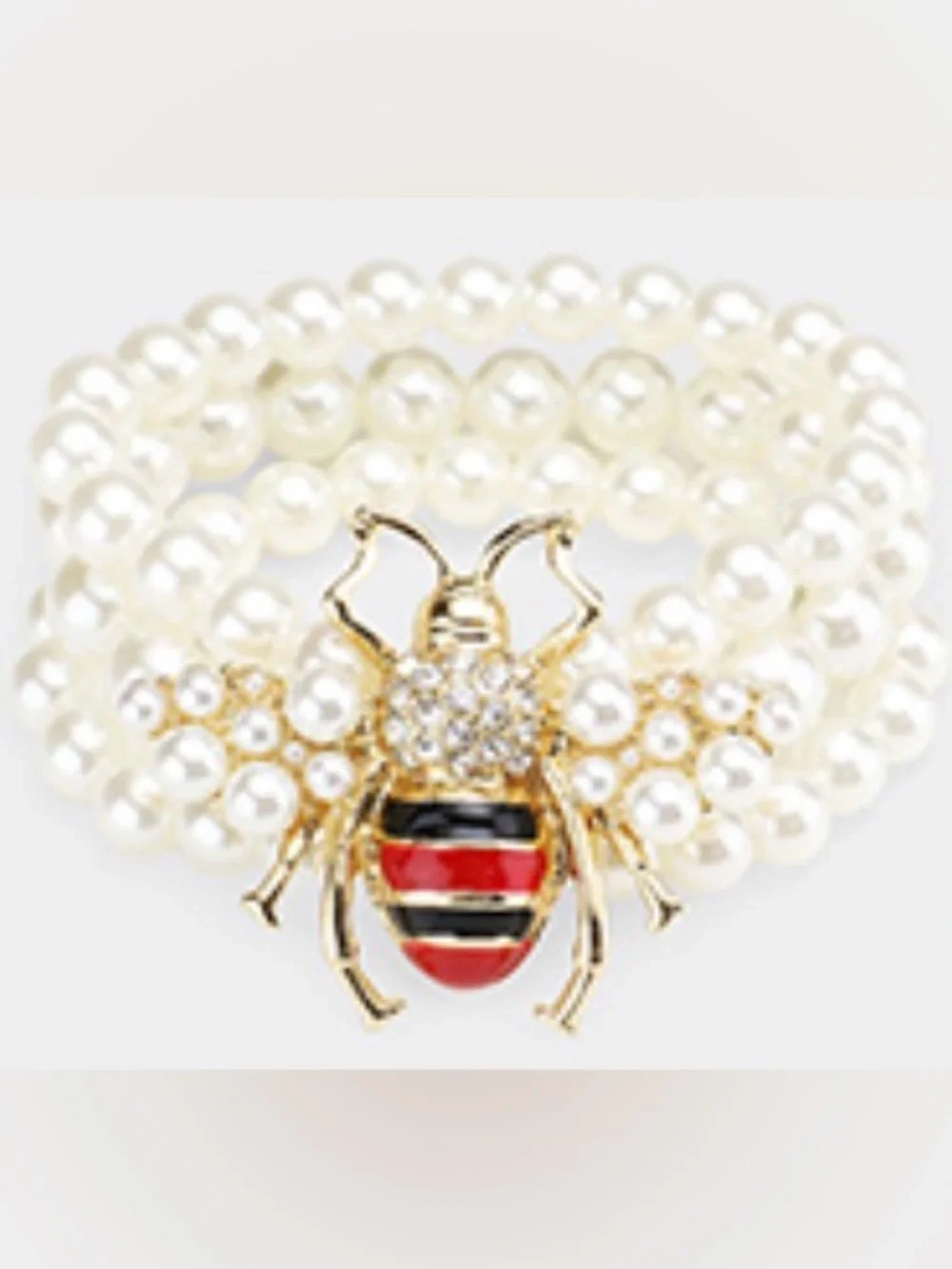 Gold Bee Pearl Bracelet with Red and Black Enamel Accent